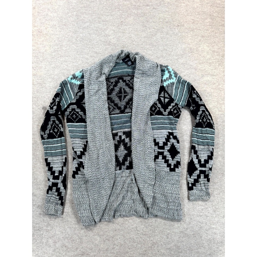 Rue21 Cardigan Sweater Womens M Gray Black Aztec Print Open Front Shawl Collar